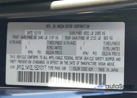 2020 Mazda Mazda6 Grand Touring Reserve из США, поврежденный, VIN JM1GL1WY2L1521017